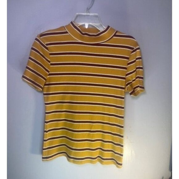Unbranded Tops - Striped Mustard Ribbed Short Sleeve Mock Neck Top Preppy Academia